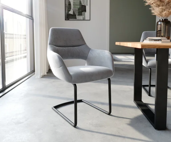 Cantilever Yago-Flex avec accoudoirs velours gris pied cantilever rond noir ressorts ensachés