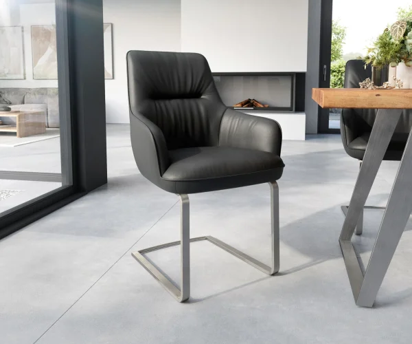Cantilever Zelia-Flex avec accoudoirs cuir de vache noir pied cantilever plat acier inoxydable brossé ressorts ensachés