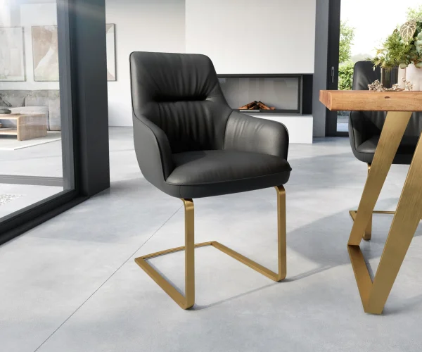 Cantilever Zelia-Flex avec accoudoirs cuir de vache noir pied cantilever plat or ressorts ensachés