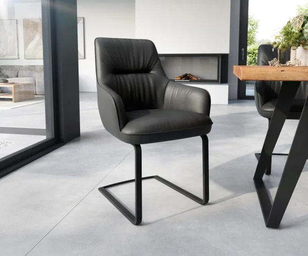 Cantilever Zelia-Flex avec accoudoirs cuir véritable noir cantilever plat noir ressorts ensachés