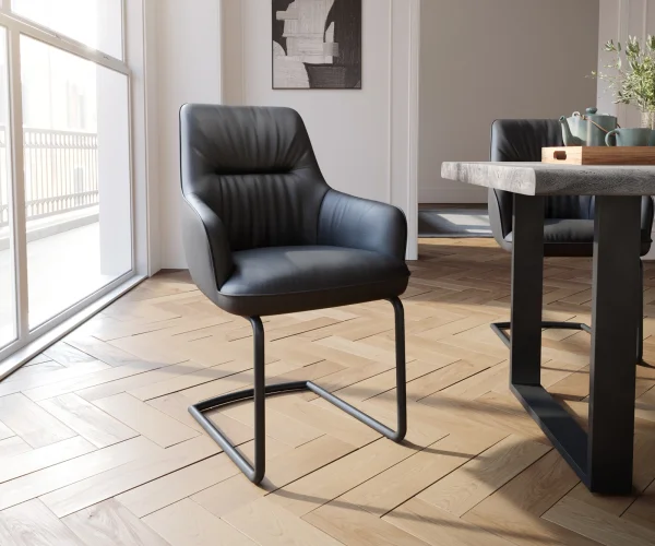 Cantilever Zelia-Flex avec accoudoirs cuir véritable noir cantilever rond noir ressorts ensachés