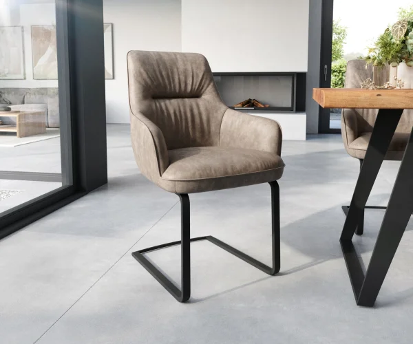 Cantilever Zelia-Flex avec accoudoirs microvelours taupe vintage pied cantilever plat noir ressorts ensachés