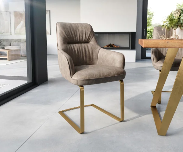 Cantilever Zelia-Flex avec accoudoirs microvelours taupe vintage pied cantilever plat or ressorts ensachés