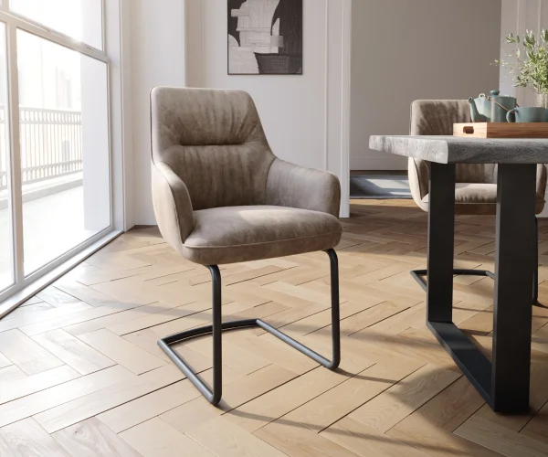 Cantilever Zelia-Flex avec accoudoirs microvelours taupe vintage pied cantilever rond noir ressorts ensachés
