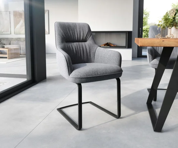 Cantilever Zelia-Flex avec accoudoirs tissu texturé gris clair pied cantilever plat noir ressorts ensachés
