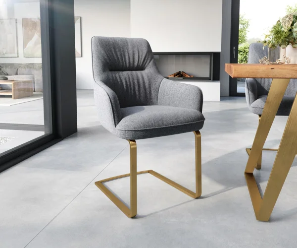 Cantilever Zelia-Flex avec accoudoirs tissu texturé gris clair pied cantilever plat or ressorts ensachés