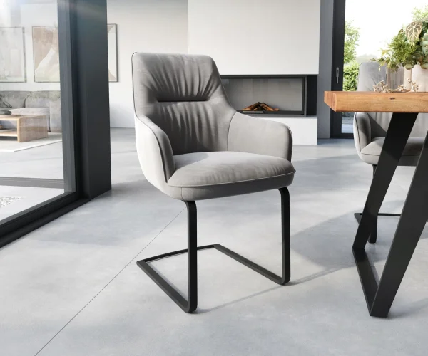 Cantilever Zelia-Flex avec accoudoirs velours gris pied cantilever plat noir ressorts ensachés