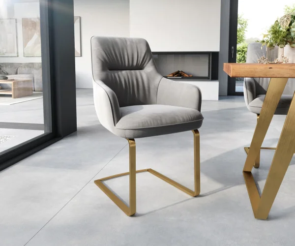 Cantilever Zelia-Flex avec accoudoirs velours gris pied cantilever plat or ressorts ensachés