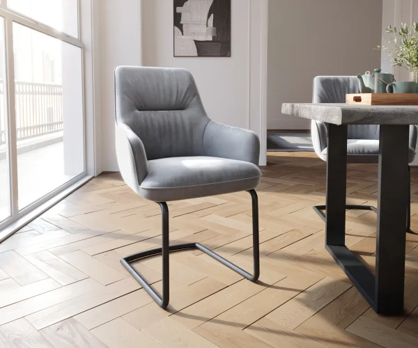 Cantilever Zelia-Flex avec accoudoirs velours gris pied cantilever rond noir ressorts ensachés