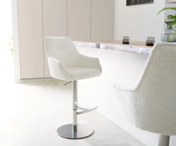 Chaise-de-bar Alja-Flex Bouclé Blanc Pied pivotant réglable en hauteur Acier inoxydable pivotant Ressorts ensachés