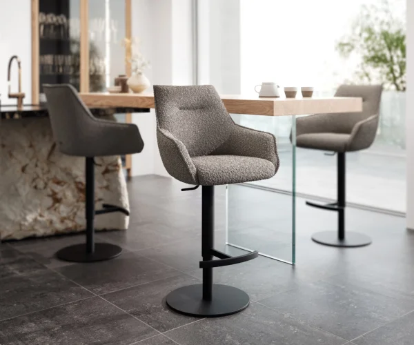 Chaise-de-bar Alja-Flex Bouclé gris argenté Pied pivotant réglable en hauteur Métal noir pivotant Ressorts ensachés
