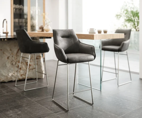 Chaise-de-bar Alja-Flex microfibre anthracite vintage cadre à patins inoxydable ressorts ensachés