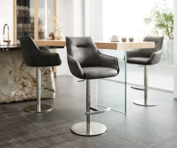 Chaise-de-bar Alja-Flex microfibre anthracite vintage pied pivotant réglable en hauteur acier inoxydable pivotant ressorts ensachés