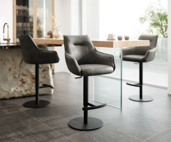 Chaise-de-bar Alja-Flex microfibre anthracite vintage pied pivotant réglable en hauteur métal noir pivotant ressorts ensachés