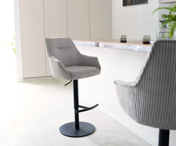 Chaise-de-bar Alja-Flex velours côtelé gris argenté Pied pivotant réglable en hauteur Métal noir pivotant Ressorts ensachés