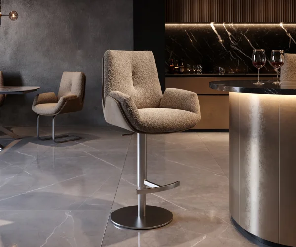Chaise-de-bar Clea-Flex mélange de matériaux boue pied pivotant réglable en hauteur acier inoxydable pivotant ressorts ensachés