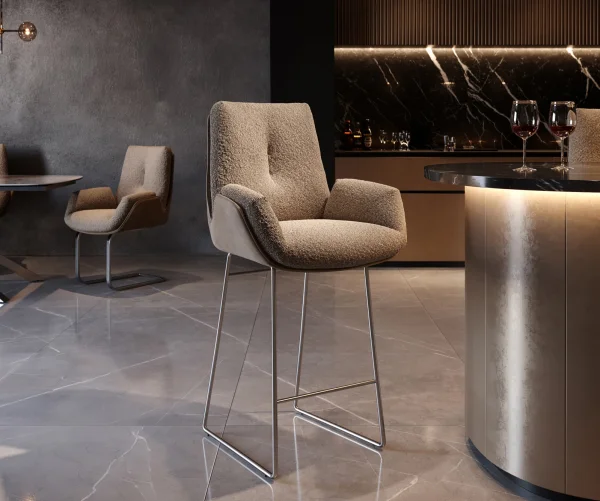 Chaise-de-bar Clea-Flex mélange de matériaux boue piétement traîneau acier inoxydable ressorts ensachés