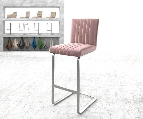 Chaise-de-bar Luiga-Flex velours rosé chaise cantilever acier plat inoxydable