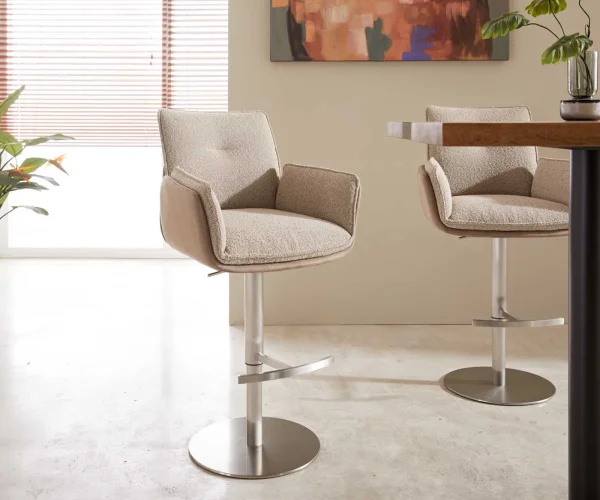 Chaise-de-bar Nela-Flex mélange de matériaux boue pied pivotant réglable en hauteur acier inoxydable pivotant ressorts ensachés
