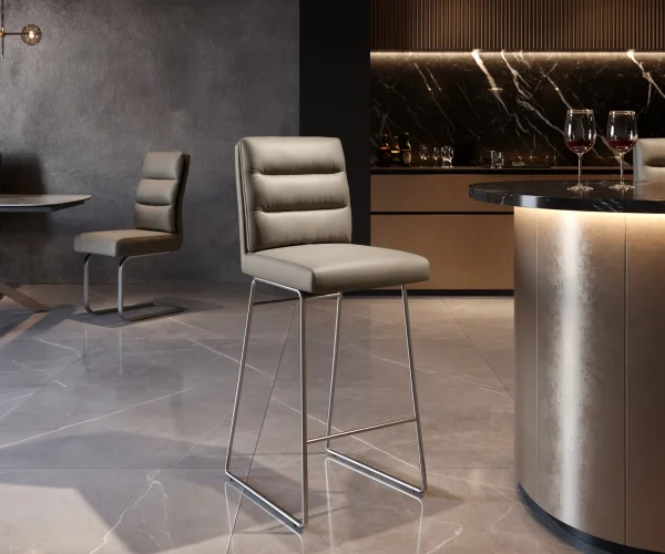 Chaise-de-bar Pela-Flex cuir véritable boue piétement traîneau inox ressorts ensachés