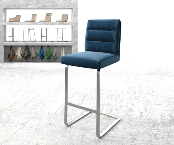 Chaise-de-bar Pela-Flex velours bleu chaise cantilever acier plat inoxydable