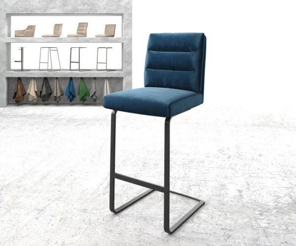 Chaise-de-bar Pela-Flex velours bleu chaise cantilever métal plat