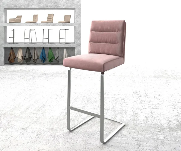 Chaise-de-bar Pela-Flex velours rosé chaise cantilever acier plat inoxydable