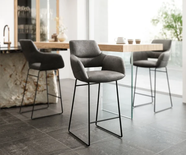 Chaise-de-bar Yago-Flex microfibre anthracite vintage cadre à patins métal noir ressorts ensachés