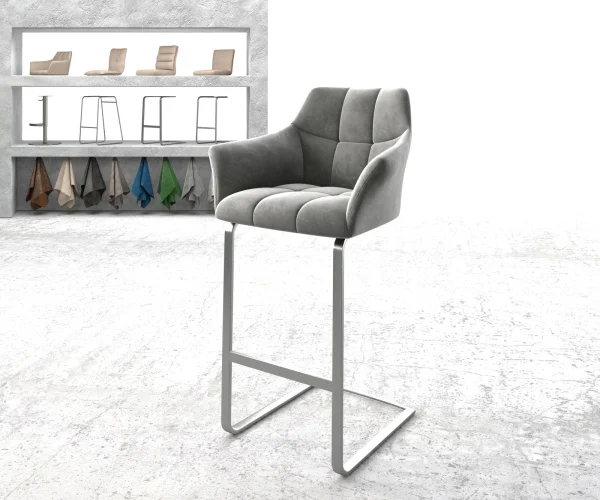 Chaise-de-bar Yulo-Flex velours gris chaise cantilever acier plat inoxydable