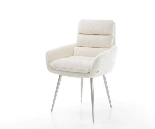 Chaise-de-salle-à-manger Abelia-Flex avec accoudoirs bouclé blanc 4 pieds coniques acier inoxydable brossé