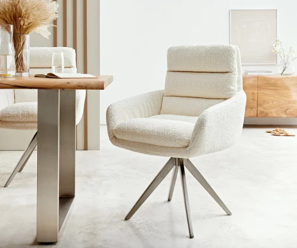 Chaise-de-salle-à-manger Abelia-Flex avec accoudoirs bouclé blanc pied croisé angulaire acier inoxydable brossé