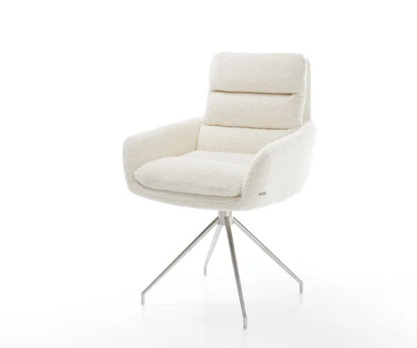 Chaise-de-salle-à-manger Abelia-Flex avec accoudoirs bouclé blanc pied croisé conique acier inoxydable brossé
