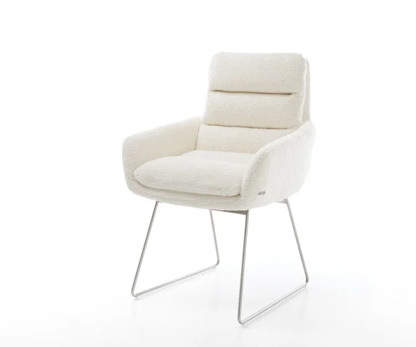 Chaise-de-salle-à-manger Abelia-Flex avec accoudoirs bouclé blanc pied trapèze acier inoxydable brossé
