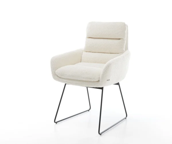 Chaise-de-salle-à-manger Abelia-Flex avec accoudoirs bouclé blanc pied trapèze noir