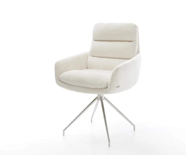 Chaise-de-salle-à-manger Abelia-Flex avec accoudoirs bouclé doux beige pied croisé conique acier inoxydable