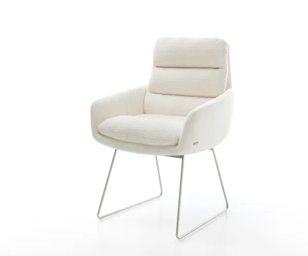 Chaise-de-salle-à-manger Abelia-Flex avec accoudoirs bouclé doux beige pied trapèze acier inoxydable