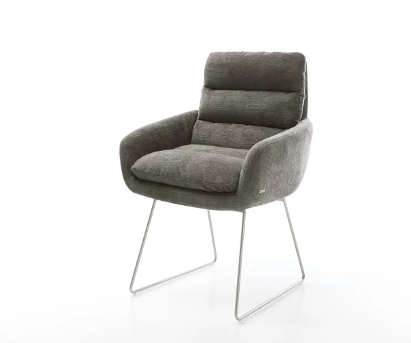 Chaise-de-salle-à-manger Abelia-Flex avec accoudoirs bouclé doux couleur boue pied trapèze acier inoxydable