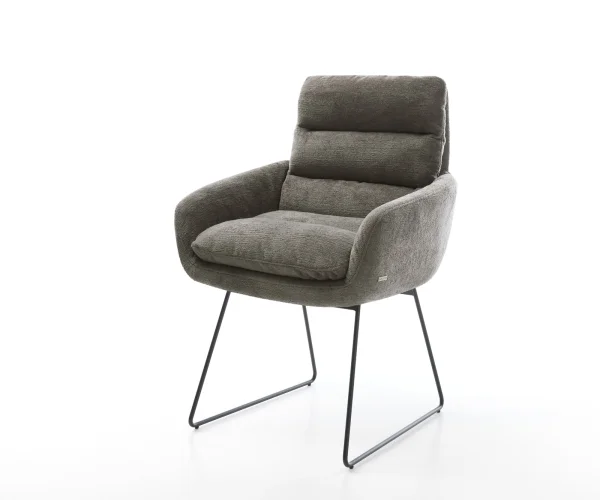 Chaise-de-salle-à-manger Abelia-Flex avec accoudoirs bouclé doux couleur boue pied trapèze noir