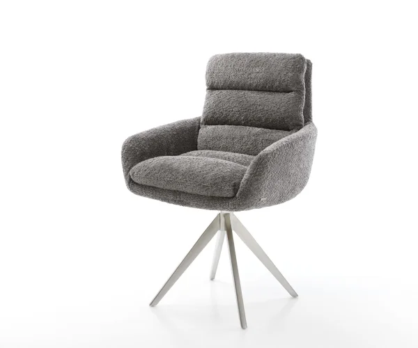 Chaise-de-salle-à-manger Abelia-Flex avec accoudoirs bouclé gris pied croisé angulaire acier inoxydable brossé