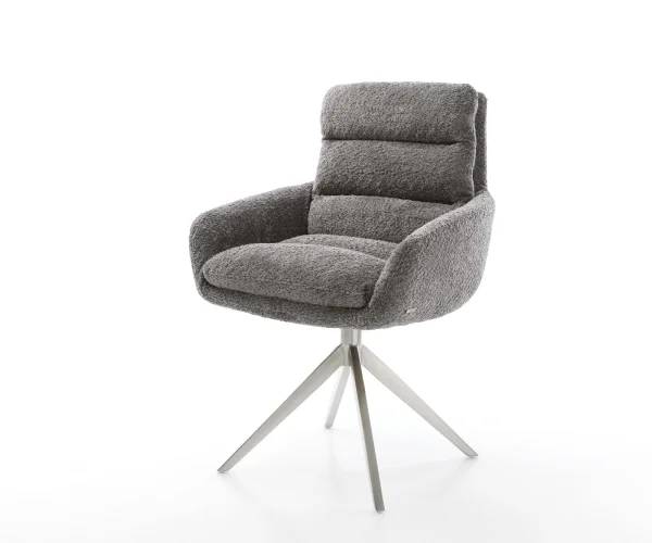 Chaise-de-salle-à-manger Abelia-Flex avec accoudoirs bouclé gris pied croisé large acier inoxydable brossé