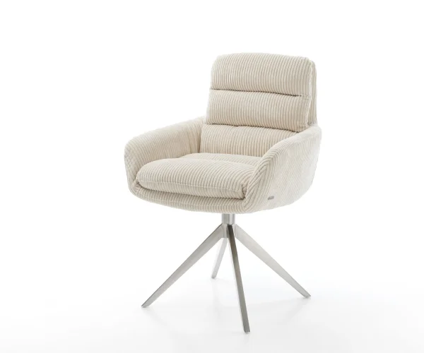 Chaise-de-salle-à-manger Abelia-Flex avec accoudoirs côtelé beige vintage pied croisé large acier inoxydable brossé