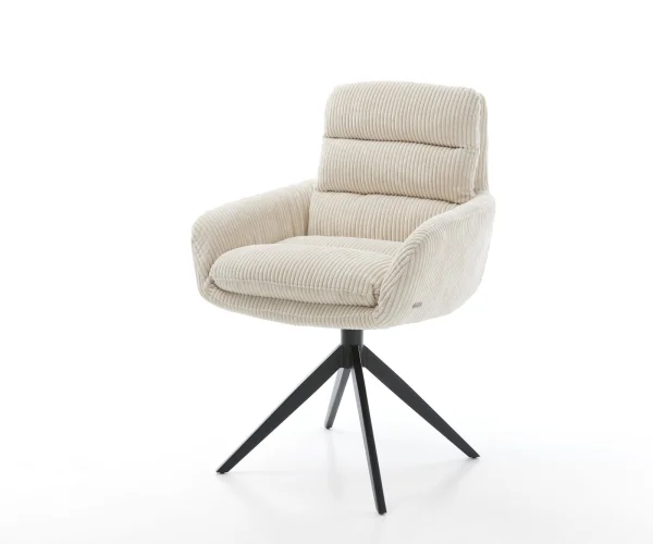 Chaise-de-salle-à-manger Abelia-Flex avec accoudoirs côtelé beige vintage pied croisé large noir