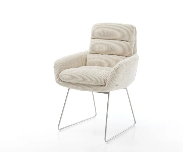 Chaise-de-salle-à-manger Abelia-Flex avec accoudoirs côtelé beige vintage pied trapèze acier inoxydable brossé