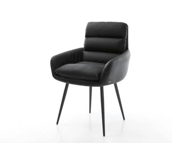 Chaise-de-salle-à-manger Abelia-Flex avec accoudoirs cuir de vache noir 4 pieds coniques noir