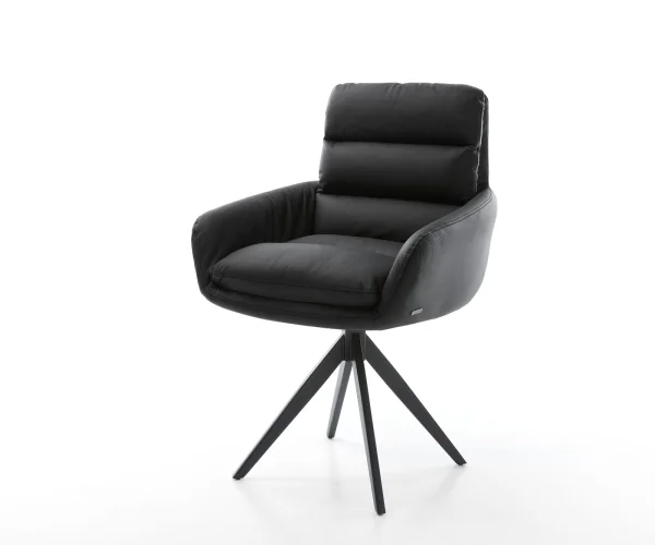 Chaise-de-salle-à-manger Abelia-Flex avec accoudoirs cuir de vache noir pied croisé angulaire noir