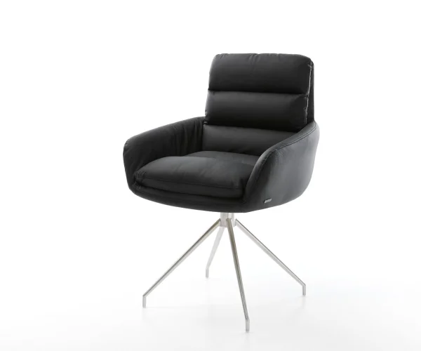 Chaise-de-salle-à-manger Abelia-Flex avec accoudoirs cuir de vache noir pied croisé conique acier inoxydable brossé