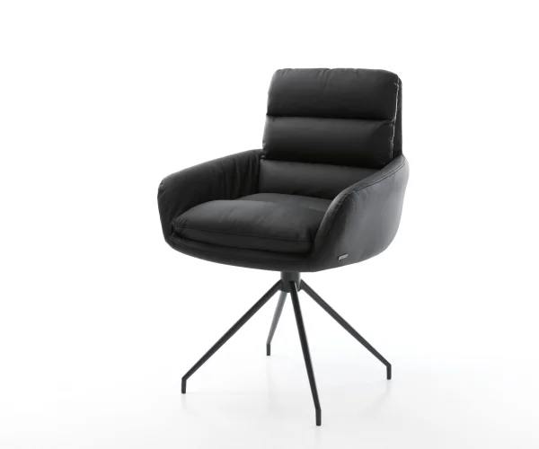 Chaise-de-salle-à-manger Abelia-Flex avec accoudoirs cuir de vache noir pied croisé conique noir