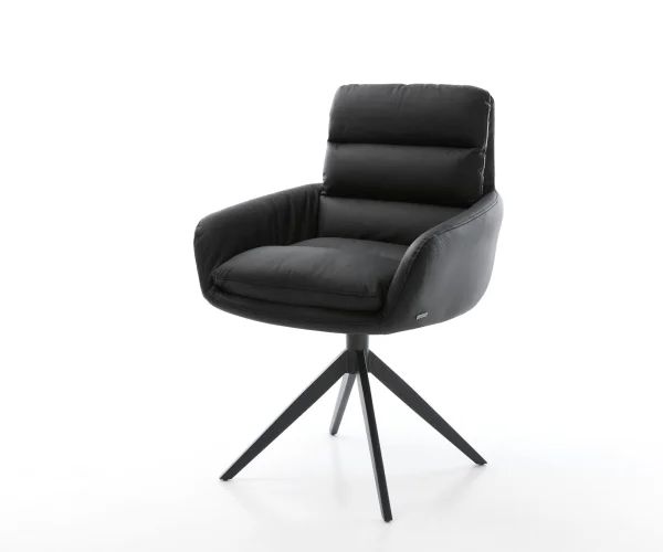 Chaise-de-salle-à-manger Abelia-Flex avec accoudoirs cuir de vache noir pied croisé large noir