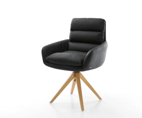 Chaise-de-salle-à-manger Abelia-Flex avec accoudoirs cuir de vache noir pied en bois angulaire naturel