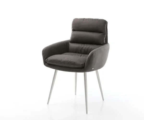 Chaise-de-salle-à-manger Abelia-Flex avec accoudoirs microvelours anthracite vintage 4 pieds coniques acier inoxydable brossé